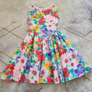 Vintage 1980s Girls Party Dress Size 5  Floral Cotton Dress Made in USA  Bright Colorful Flower Print Twirl Dress, Easter, Photoshoot