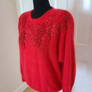 Rare 80&#39;s Eugenia by Angenie Angora Holiday Sweater Guelder Rose embroidery sz M Red Vintage Retro Glam