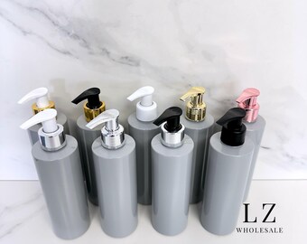 1-150pcs Grey Tubular 250ml Plastic Blank Bottle / Choice of Pump / Wholesale / Refillable / Bathroom / Kitchen / Shampoo / Soap Dispenser