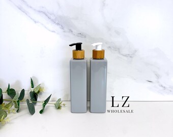 1-150pcs Grey Square 250ml Plastic Blank Bottle / Bamboo Pump / Wholesale / Refillable / Bathroom / Kitchen / Shampoo / Soap Dispenser