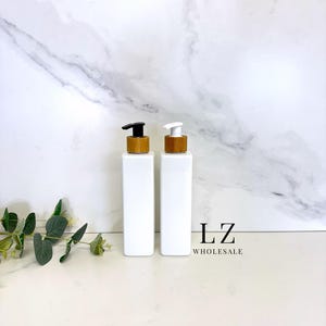 1-150 Stück weißes Quadrat 250ml Kunststoff Blanko Flasche / Bambusflasche / Großhandel / nachfüllbar / Bad / Küche / Shampoo / Seifenspender