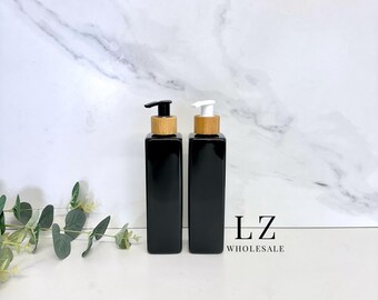 1-150pcs Black Square 250ml Plastic Blank Bottle / Bamboo Pump / Wholesale / Refillable / Bathroom / Kitchen / Shampoo / Soap Dispenser