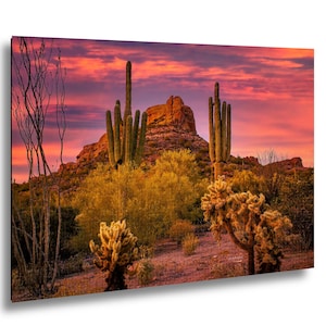 May include: A rectangular wall art print featuring a desert landscape at sunset. Two tall saguaro cacti stand prominently in the foreground against a rocky hill. The sky is filled with vibrant orange, pink, and purple clouds at dusk.