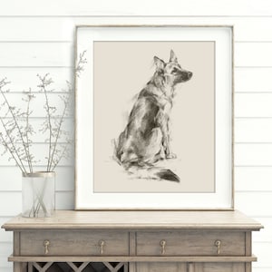 German Shepherd Dog Charcoal Sketch, Fine Art Giclee Print by Artist, Ethan Harper