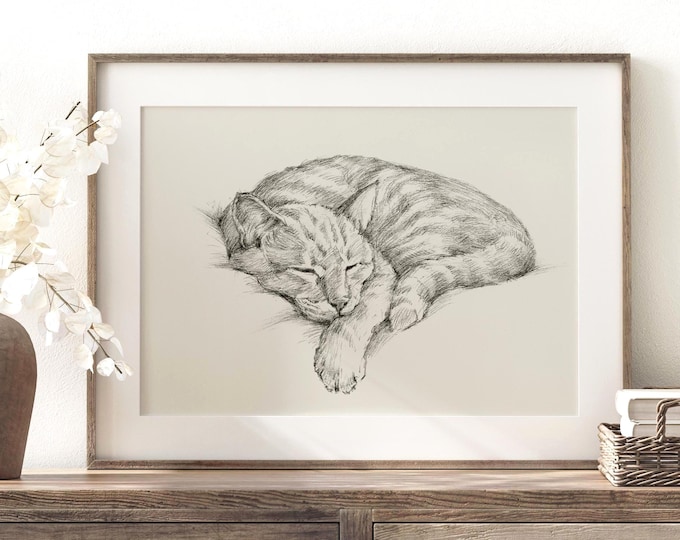 Cat Art Print by Ethan Harper, Minimalist Antique Style Cat Drawing, Modern Pet Lover Wall Decor, Home Decor Poster Gift