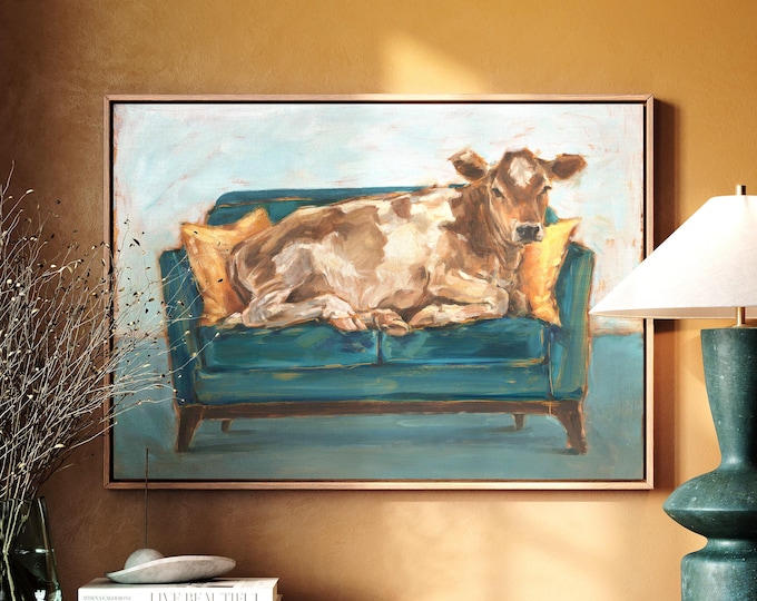 Cow Art Print: Farmhouse Decor, Whimsical Cow On Sofa by Ethan Harper