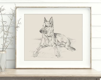 German Shepherd Art, German Shepherd Drawing, Dog Art Decor, Dog Drawing