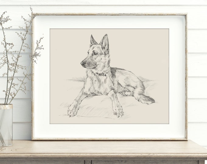 German Shepherd Art, German Shepherd Drawing, Dog Art Decor, Dog Drawing
