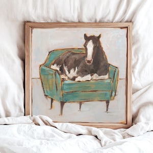 Horse Sitting in a Green Chair. Fine Art Print by Ethan Harper. Fun and Whimsical Horse and Equine Art.