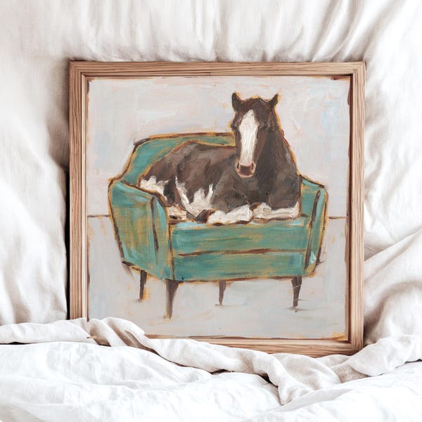 Impresión artística de un caballo caprichoso: Silla retro, Ethan Harper Giclée