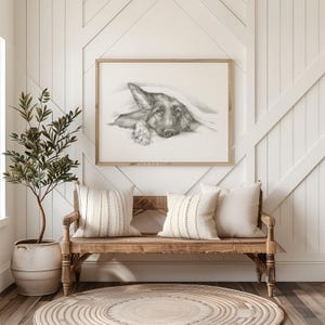Lámina decorativa de pastor alemán asomándose - Lindo retrato de mascota - Póster dibujado a mano - Decoración de pared de perro pastor alemán de Ethan Harper - Arte para el baño de perros imagen 2