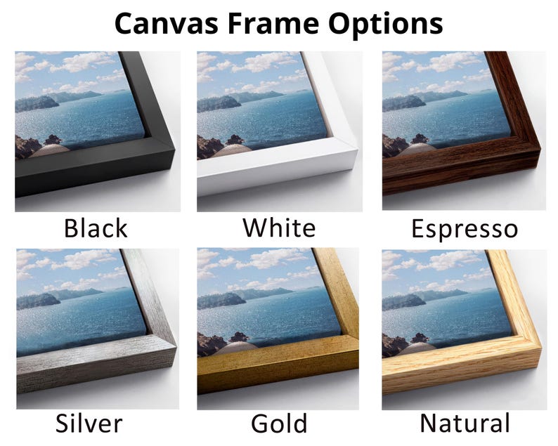 various canvas frame options, each with a different color and style, showcasing the different options available for framing a photograph.