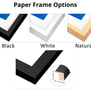 various paper frame options, including black, white, and natural wood frames.