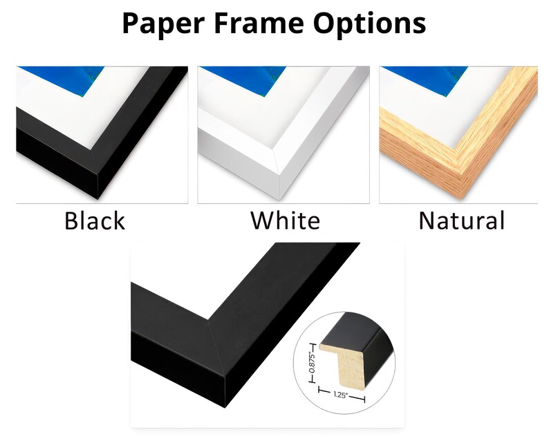 various paper frame options, including black, white, and natural wood frames.