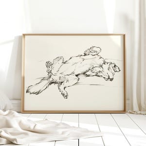 May include: A black ink line drawing on a cream-colored background depicting a dog lying on its back with its paws curled upward. The sketch captures the animal in a relaxed, upside-down position with visible fur texture and simple outlines.