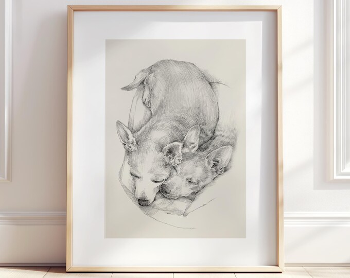 chihuahua dogs sleeping fine art print, antique style pencil sketch, home and nursery decor