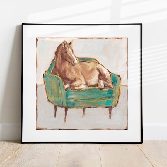 Horse Art Print - Whimsical Animal Wall Art Giclee - Horse On Couch Wall Art Prints Trendy Home-Decor - Farm Animal Wall Decor - Modern Art