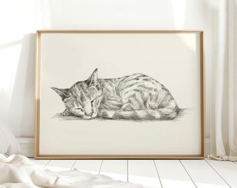 Sleeping Cat Wall Art Print - Cat Pencil Sketch Poster - Black and White Cat Drawing Wall Decor by Ethan Harper