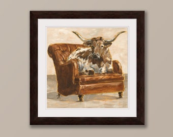 Longhorn Steer Sitting in a Leather Chair. Fine Art Print by Ethan Harper. Cow Art and Home Decor