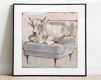 Cow Sitting In A Grey Chair, Fine Art Print, Farmhouse Decor
