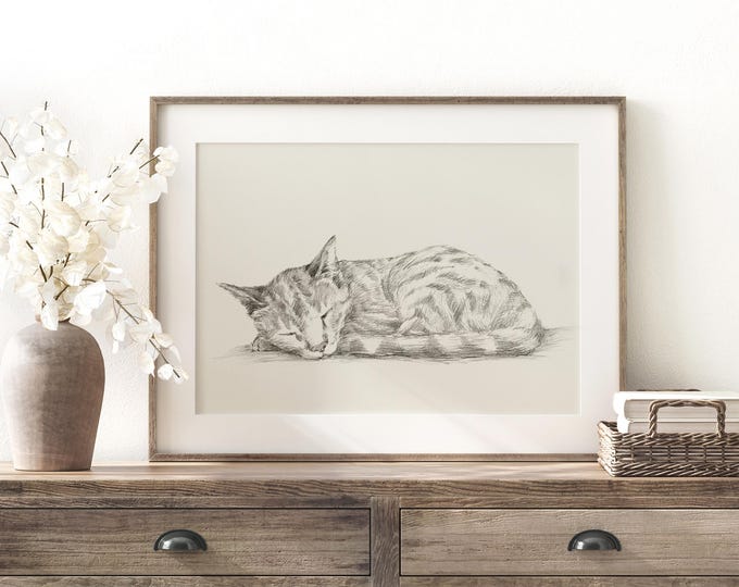 Cat Art Print by Artist, Ethan Harper. Cat Drawing Wall Decor.