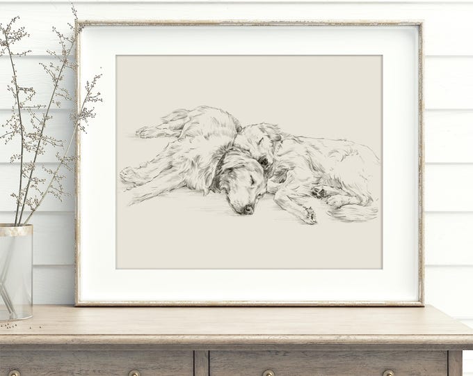 Golden Retriever Drawing Fine Art Print: Antique Style Sketch by Ethan Harper, Dog Lover Gift, Nursery & Home Wall Art Decor