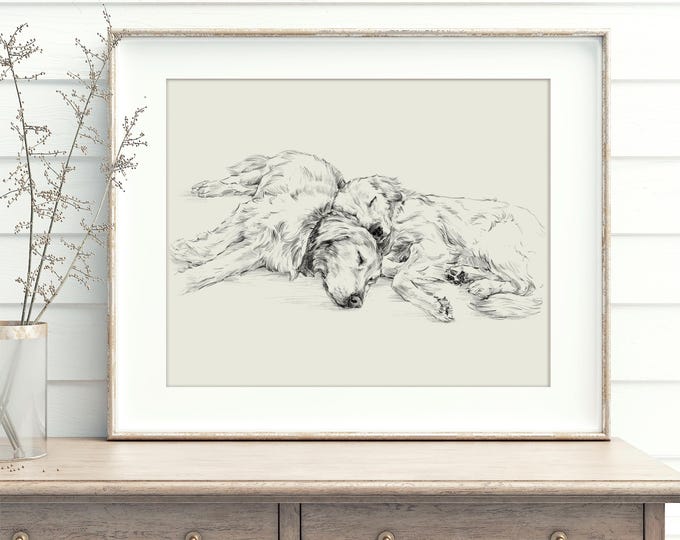 Golden Retriever Wall Art Prints Antique Style Dog Sketch For Nursery by Ethan Harper - Golden Retriever Drawing -Sleeping Dog Bedroom Print