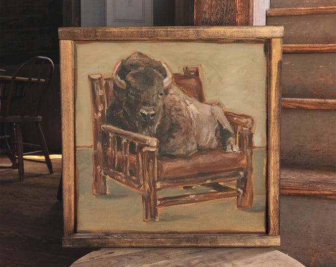 Buffalo Sitting In Cabin Chair. Fine Art Bison Print by Ethan Harper. Rustic Western Lodge Decor