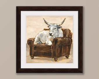 Cute Cow art print titled "Creature Comfort II". Leather Chair Rustic Farm Cow. Man Cave