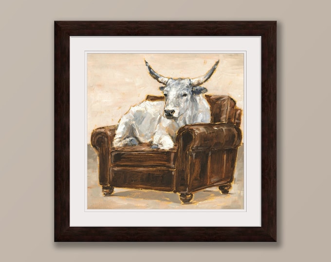 Cute Cow art print titled "Creature Comfort II". Leather Chair Rustic Farm Cow. Man Cave