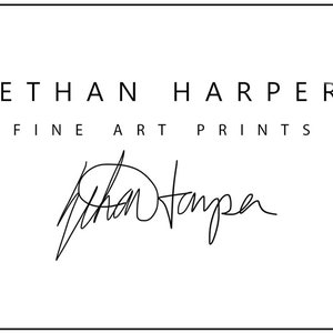 May include: Black and white logo for Ethan Harper Fine Art Prints. The logo features the text "Ethan Harper Fine Art Prints" and a handwritten signature.