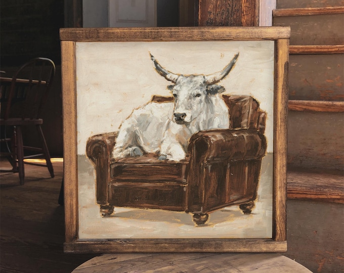 Cow art print, whimsical rustic farm animal decor, adorable cow in leather chair, western home or man cave wall art, fine art Giclée print