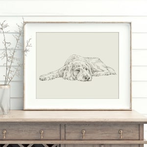 Impresión giclée de Goldendoodle, dibujo a lápiz de perro, decoración para habitación infantil