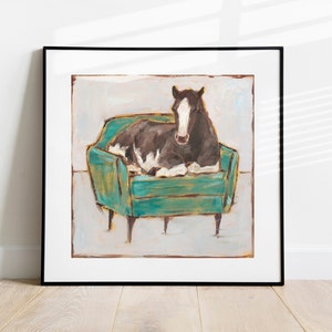 Horse Sitting in a Green Chair. Fine Art Print by Ethan Harper. Fun and Whimsical Horse and Equine Art.