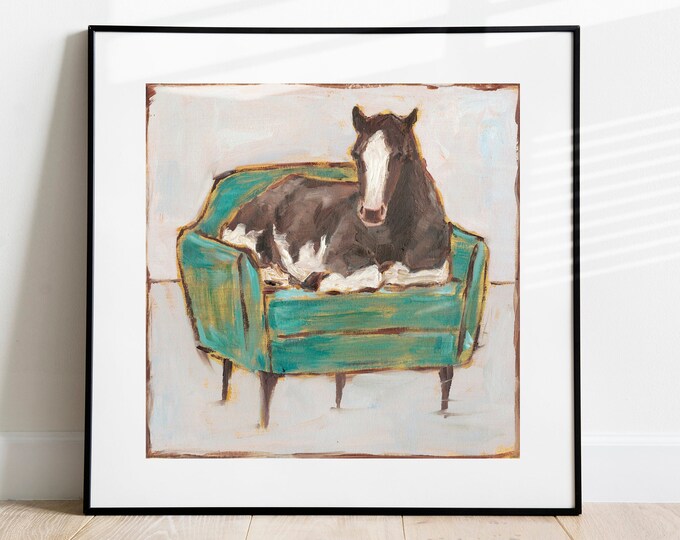 Horse Sitting in a Green Chair. Fine Art Print by Ethan Harper. Fun and Whimsical Horse and Equine Art.