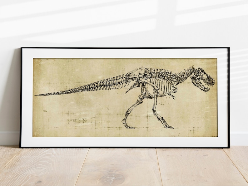 May include: A black and white line drawing of a dinosaur skeleton on a beige background. The dinosaur is depicted in a walking pose with its head turned to the side. The drawing is framed in a black frame.