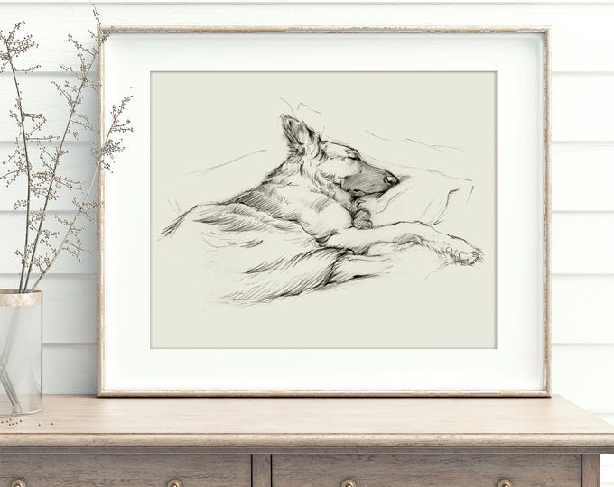 German Shepherd Wall Art Print, Dog Drawing, Fine Art Giclée, Dog Lover Gift, Ethan Harper, Nursery Dog Decor, Antique Style Pencil Sketch