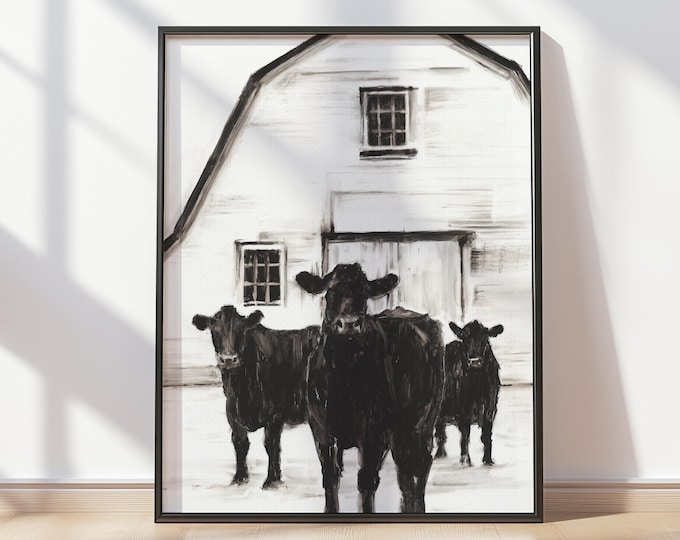 Black Cows Fine Art Giclée Print: Bovine Trio Farmhouse Decor