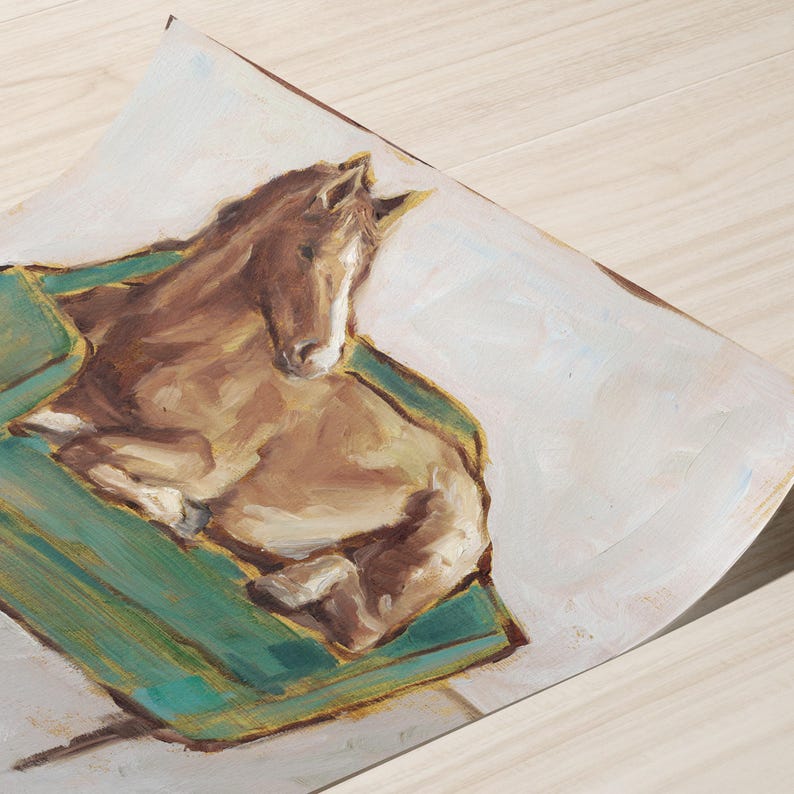 May include: A painting of a brown horse lying down on a green and gold striped surface. The horse is facing to the left and its head is tilted down. The background is a light blue.