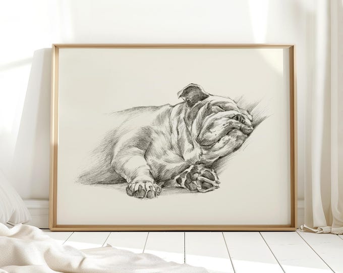 Sleeping English Bulldog Remembrance Wall Art Prints by Ethan Harper - Bulldog Pencil Drawing Dog Memorial Gift-Pet Loss Portrait Wall Decor