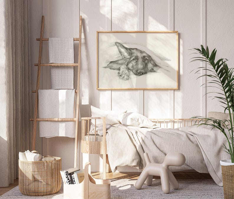 Lámina decorativa de pastor alemán asomándose - Lindo retrato de mascota - Póster dibujado a mano - Decoración de pared de perro pastor alemán de Ethan Harper - Arte para el baño de perros imagen 4