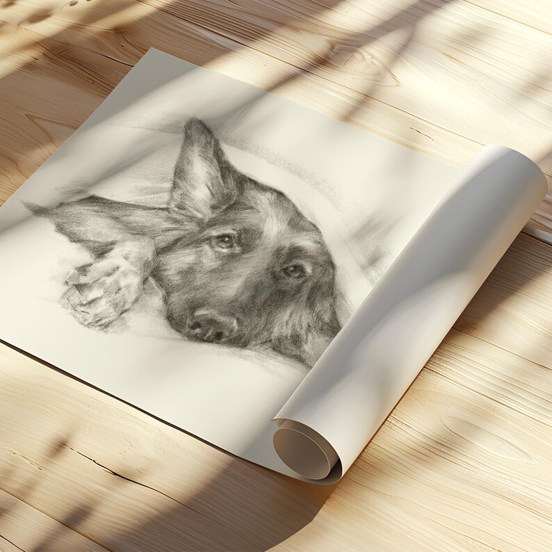 Lámina decorativa de pastor alemán asomándose - Lindo retrato de mascota - Póster dibujado a mano - Decoración de pared de perro pastor alemán de Ethan Harper - Arte para el baño de perros imagen 6