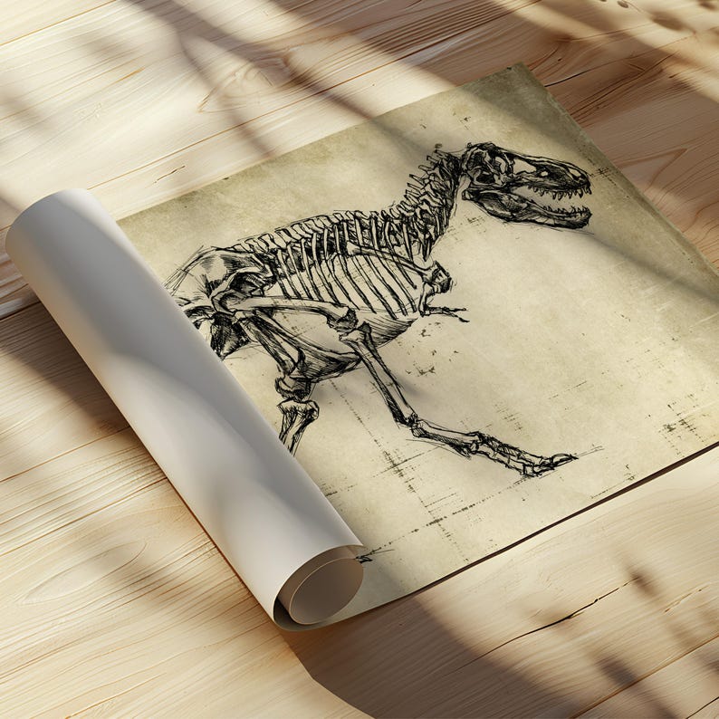 T-Rex Dinosaur Wall Art Prints - Dinosaur Skeleton Print For Wall Art Decor - Tyrannosaurus Rex Dinosaur Fossil Painting - Skeleton Drawing image 2