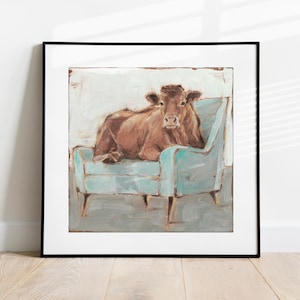 Cow Art Print, Adorable Cow Sitting in Chair Fine Art Wall Decor by Ethan Harper for Farmhouse & Rustic Spaces