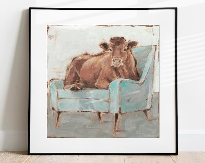 Cow Art Print, Adorable Cow Sitting in Chair Fine Art Wall Decor by Ethan Harper for Farmhouse & Rustic Spaces