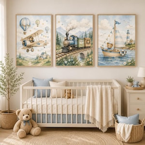 Adventure Bear Nursery Wall Art Set of 3, Vintage Travel Baby Boy Print, Sailor Train Airplane Teddy Bear, Watercolor Nursery Printable 2:3
