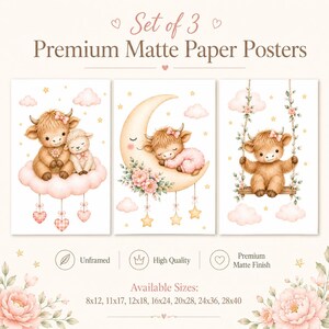 May include: A set of 3 premium matte paper posters featuring illustrations of a highland cow and lamb on a cloud, a highland cow sleeping on a crescent moon, and a highland cow on a swing. Text includes Set of 3 Premium Matte Paper Posters.