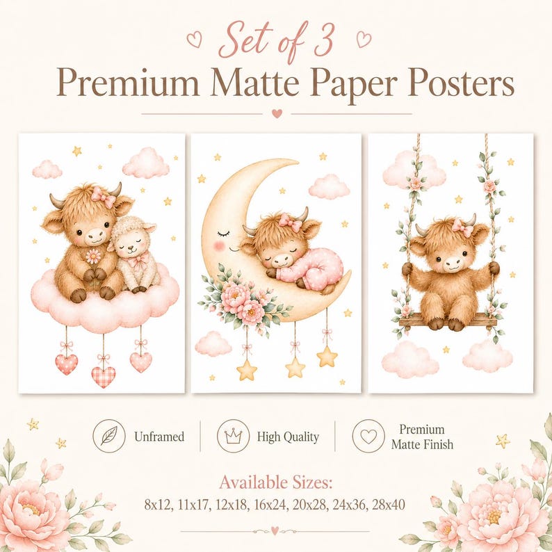 May include: A set of 3 premium matte paper posters featuring illustrations of a highland cow and lamb on a cloud, a highland cow sleeping on a crescent moon, and a highland cow on a swing. Text includes Set of 3 Premium Matte Paper Posters.