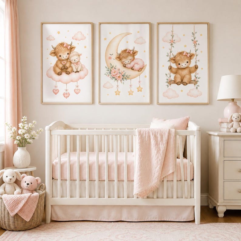 May include: Three framed wall art prints featuring illustrations of a fluffy highland cow. The first shows a cow and lamb on a cloud, the second a cow sleeping on a crescent moon, and the third a cow on a swing. All prints have a soft pink colour palette.