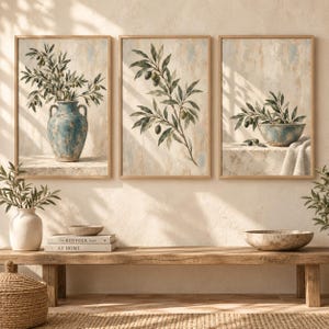 Mediterranean Olive Branch Wall Art Set of 3, Botanical Printable Art, Neutral Kitchen Decor, Patina Blue Olive Prints, Digital Download
